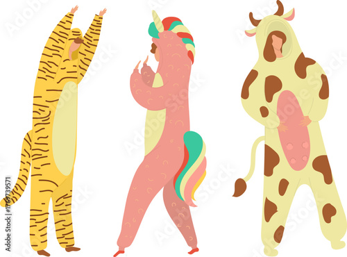 A group of playful individuals donning animal onesies, celebrating joy and fun, embracing whimsy in a lighthearted atmosphere that reflects childhood innocence and creativity.
