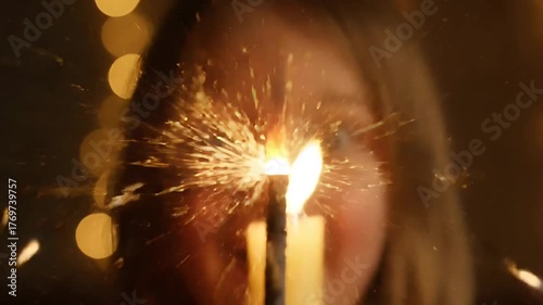 Magical close-up of an amazed little girl lighting a christmas sparkler from a candle with cinematic sparks
