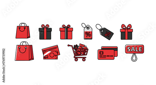 Collection of Black Friday shopping icons in red and black, featuring shopping bags, gift boxes, discount tags, cash, a shopping cart, credit cards, and a sale sign, symbolizing consumerism and