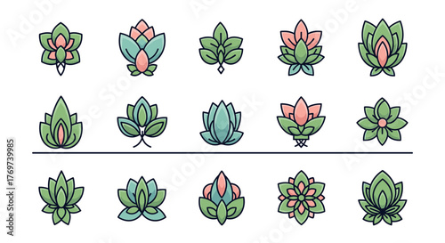 Collection of stylized lotus flower icons and symbols in various forms, featuring soft green and pink pastel colors, perfect for branding, logos, and design elements representing nature