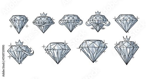 Collection of ten stylized diamond icons, each with unique embellishments like crowns, ribbons, and sparkling effects, presented on a black background, perfect for luxury, wealth, or jewelry-related
