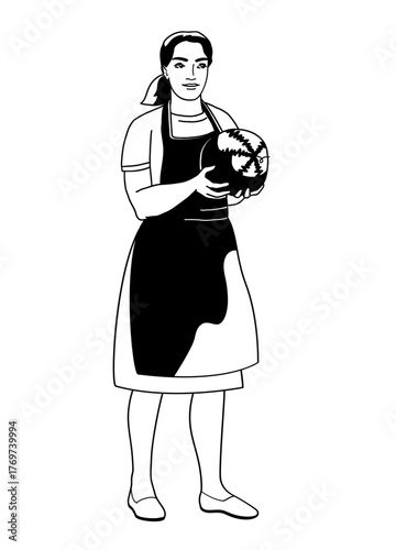 Standing vendor woman in an apron holding a watermelon in her hands on white background hand-drawn vector illustration