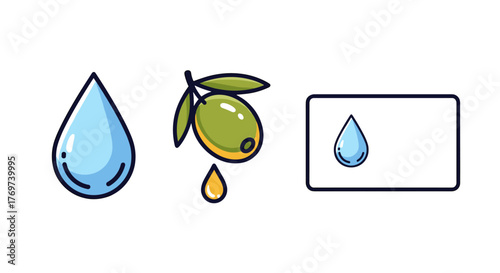 Set of three simple flat design icons representing liquid elements: a clear blue water drop, a green olive with a golden oil drop falling, and a water drop inside a dark rectangular frame