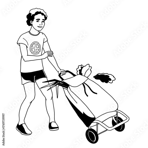 boy with trolley shopping bag on white background, farmers market scene  hand-drawn vector illustration