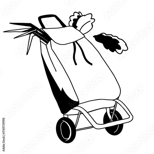 grocery shopping cart with vegetables on white background