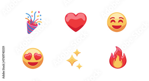 A vibrant collection of popular emojis and icons, including a party popper, a red heart, a blushing face with smiling eyes, a face with heart eyes, sparkling stars, and a fiery flame, all set against