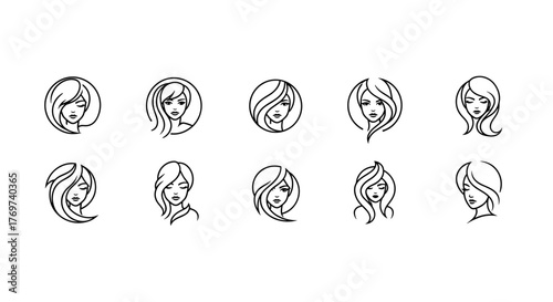 Collection of ten stylized line art illustrations of diverse female faces with various hairstyles and expressions, presented in a clean, modern, and minimalist white outline on a black background