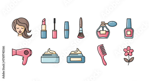 Collection of flat design icons representing beauty and personal care products, including a woman's face, lipstick, mascara, makeup brush, perfume bottle, nail polish, hairdryer, cream jars, comb
