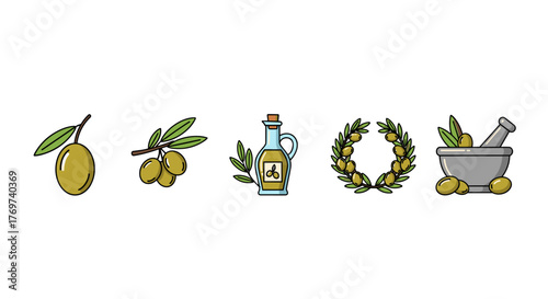 A collection of stylized olive icons, featuring a single olive, an olive branch with multiple olives, a bottle of olive oil, an olive wreath, and a mortar and pestle with olives, all rendered in a