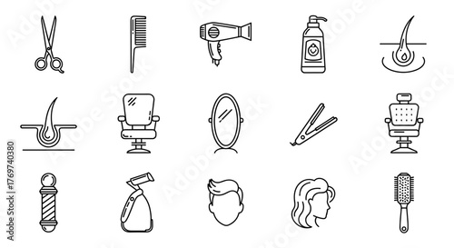 A collection of stylized white line art icons representing various hairdressing and barber tools and elements on a black background, including scissors, combs, hair dryers, shampoo bottles, hair