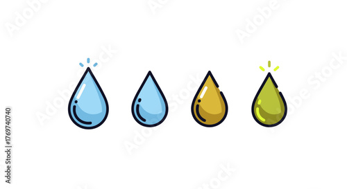 A collection of four stylized liquid drops, featuring two clear blue water droplets with subtle splashes and two golden-yellow and green oil or liquid droplets, presented on a stark black background