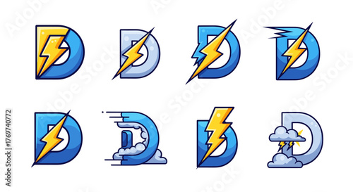 Set of eight stylized letter D logos featuring lightning bolts and stormy weather elements, presented in vibrant blue and yellow color palettes against a black background, ideal for technology or