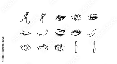 Collection of stylized white line art icons representing eye makeup and beauty tools on a black background, including eyelash curlers, various eye shapes with long lashes, mascara tubes, and brushes