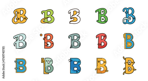 Collection of 15 stylized and creative letter B designs, each with unique cartoonish characters and vibrant colors, perfect for branding, logos, and educational materials.