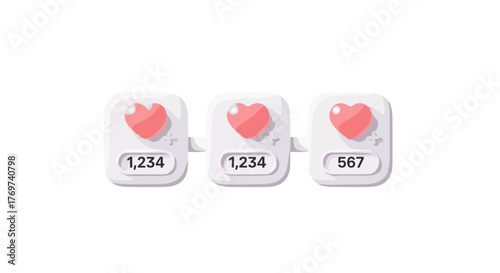 Three social media notification icons featuring pink hearts and numerical counters, symbolizing likes, engagement, and popularity, presented in a clean, modern 3D render against a dark background.