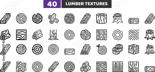 Lumber Textures and Wood Planks Icons Set, Tree Log and Grain Outline Vector Collection