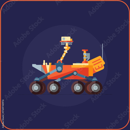 Orange rover vehicle on a dark background with stars.