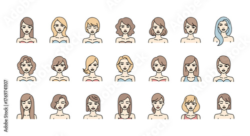 Collection of diverse female avatars showcasing a wide array of hairstyles and colors, presented in a clean, modern, and minimalist flat icon style, perfect for user profiles, beauty blogs, and