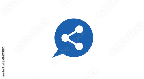 A striking blue speech bubble icon featuring a white share symbol, representing connection, communication, and the act of sharing information or content digitally, set against a stark black
