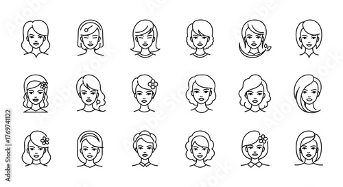 Collection of 18 diverse female avatars, each with unique hairstyles and subtle facial features, presented as clean white line art icons against a stark black background, symbolizing individuality