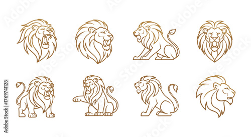 Set of eight stylized golden lion head and full body illustrations on a black background, featuring roaring lions, sitting lions, and profile views, perfect for graphic design, logos, and