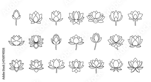 Collection of elegant white line art lotus flower icons and symbols on a black background, showcasing various stages of bloom from bud to full blossom, perfect for design elements in wellness, spa