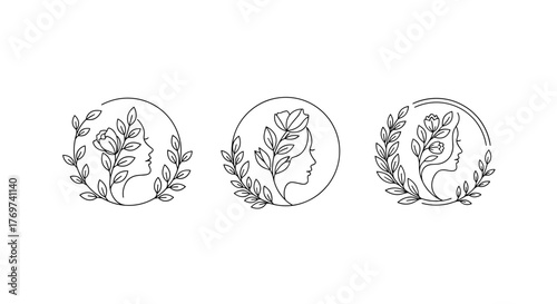 Elegant line art collection featuring three circular emblems, each showcasing a woman's profile intertwined with delicate floral elements and leaves, symbolizing beauty, nature, and femininity in a