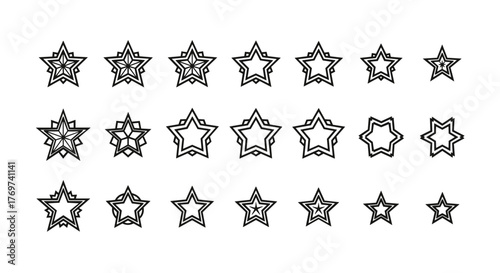 A collection of diverse star shapes with a distressed, textured, chalk-like outline against a stark black background, showcasing intricate geometric patterns and varying degrees of complexity in
