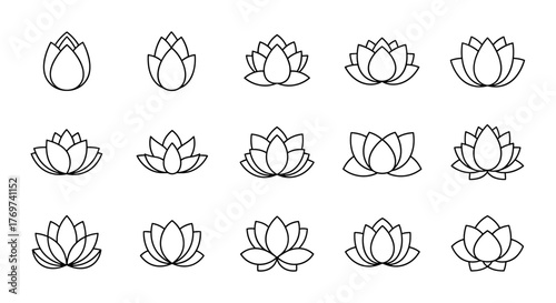 A collection of stylized lotus flower line art illustrations, showcasing various stages of bloom from bud to fully open petals, presented in a clean, minimalist, and elegant design suitable for