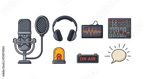 Collection of flat design icons representing radio broadcasting and audio production equipment, including a vintage microphone, headphones, sound mixer, equalizer display, 'On Air' sign, siren, and a