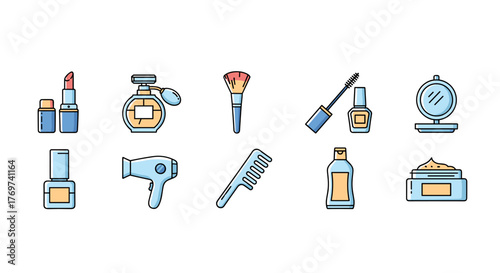 A vibrant collection of flat design icons representing essential beauty and personal care items, including lipstick, perfume, makeup brush, mascara, nail polish, compact mirror, hairdryer, comb