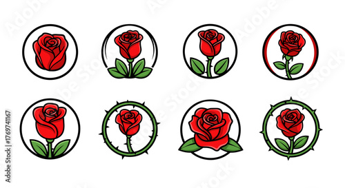 Collection of eight stylized red rose icons, each enclosed in a circular frame with variations in leaves and thorny stems, presented on a black background, perfect for graphic design elements