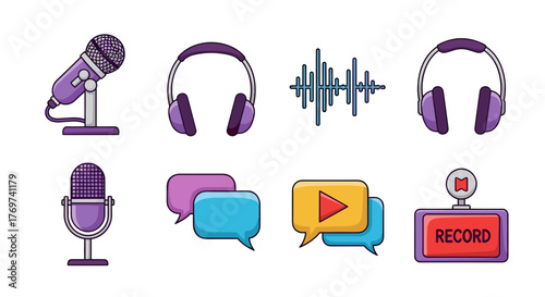 A vibrant collection of modern podcasting and audio recording icons, featuring purple microphones, headphones, sound waves, chat bubbles, a play button, and a red record button, all set against a