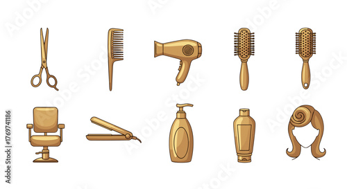 Golden collection of professional hairdressing tools and accessories, including a barber chair, scissors, combs, brushes, hairdryer, hair straightener, shampoo bottles, and a styled wig, presented on
