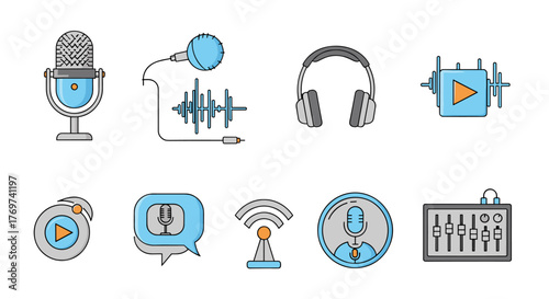 Set of flat design icons representing audio and podcasting equipment and concepts, including microphones, headphones, sound waves, play buttons, broadcasting signals, and audio mixers, perfect for