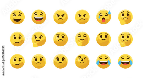 A vibrant collection of 3D rendered emojis showcasing a diverse range of emotions, from happiness and laughter to anger, sadness, and contemplation, presented against a stark black background for