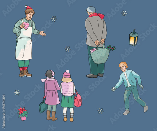 standing isolated peoples in winter casual clothes shopping at a Christmas market, vendor with apron, girls, boy and man 