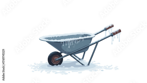 Metal wheelbarrow with frost on handles and icicles hanging from edge standing on snow, minimal winter composition