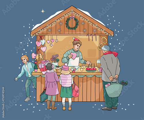 Peoples at Christmas market buying sweets and gifts, festive Holiday scene, Christmas  Market stall illustration