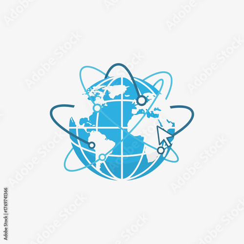 Blue globe with orbiting lines and abstract shapes