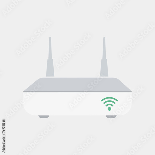 White wireless router with antennas and wifi signal icon.