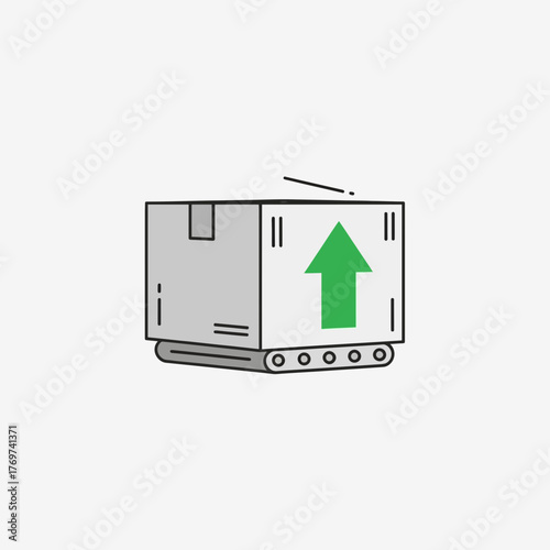 Cardboard box on a wheeled platform with an upward arrow.