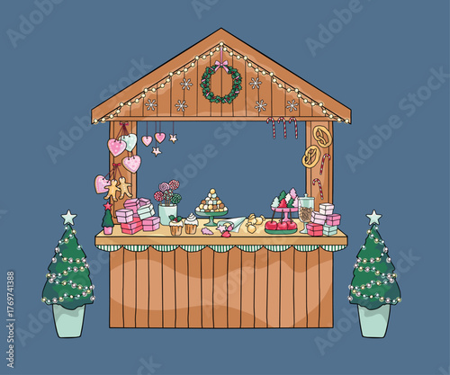 Christmas market stand with lights, festive decorations, gift boxes, sweets and Christmas tree
