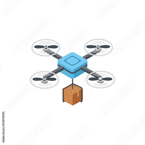 Drone delivering a package against a white background.