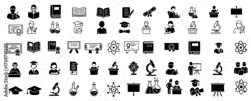 Unlock knowledge with this versatile collection of academic and scientific icons featuring students, books, diplomas, and lab equipment for educational presentations and designs.