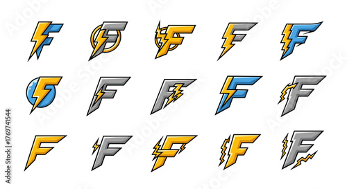 Collection of stylized letter F logos featuring lightning bolt elements in various color schemes including blue, yellow, and gray, presented on a black background, perfect for technology, energy, or