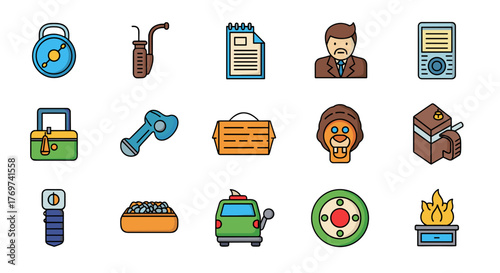 A collection of 15 diverse flat design icons representing various objects and concepts, including a compass, pipe, document, businessman, MP3 player, toolbox, bone, briefcase, lion face, Kaaba