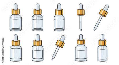 Collection of transparent glass dropper bottles with gold caps and white rubber bulbs, isolated on a black background, showcasing various fill levels and angles, perfect for cosmetic, pharmaceutical