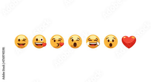 A vibrant collection of popular emoji icons and a red heart symbol displayed horizontally against a stark black background, showcasing expressions of joy, love, surprise, and laughter in a modern