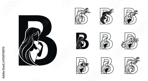 Elegant silhouette of a woman's profile integrated into the letter B, showcasing flowing hair and a thoughtful pose, presented in a clean, modern, and artistic vector graphic style, perfect for
